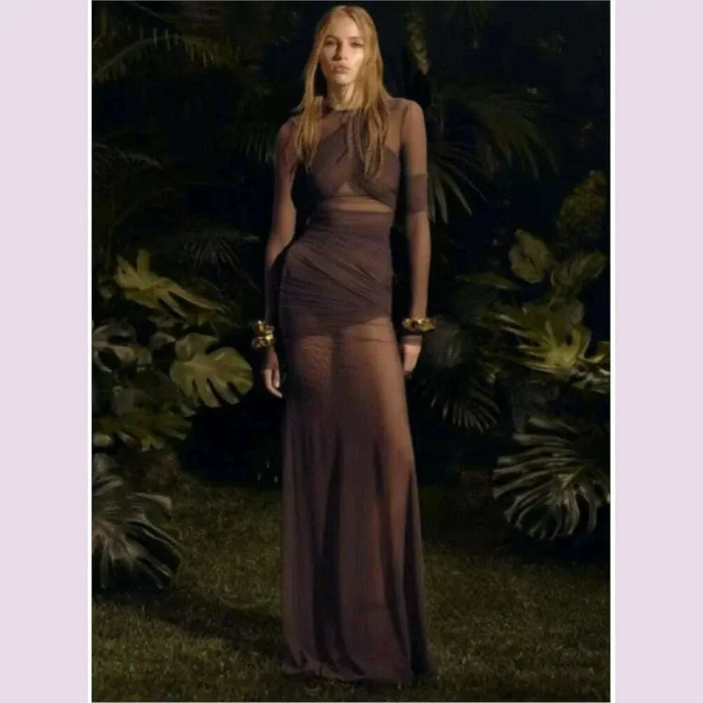 Elegant Mesh Patchwork Long Dresses Bodycon Package Hip Party Club Evening Dress Sexy Double Layer Perspective Vestidos Clothing