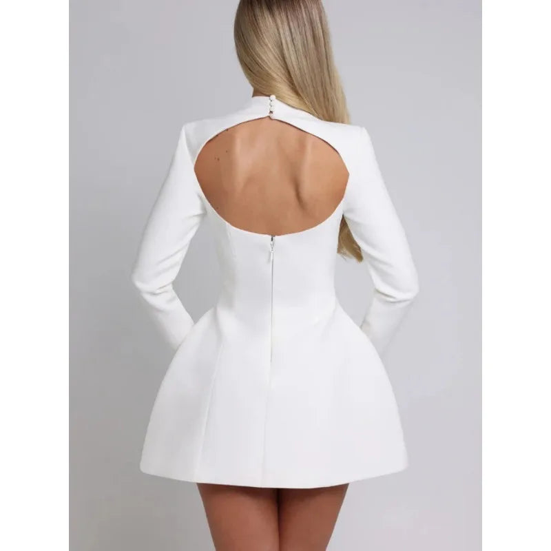 Women High Waist A-line Party Birthday Club Dresses Spring Autumn Black White Dress Luxury Long Sleeves Backless Sexy Mini Dress - Kimlud