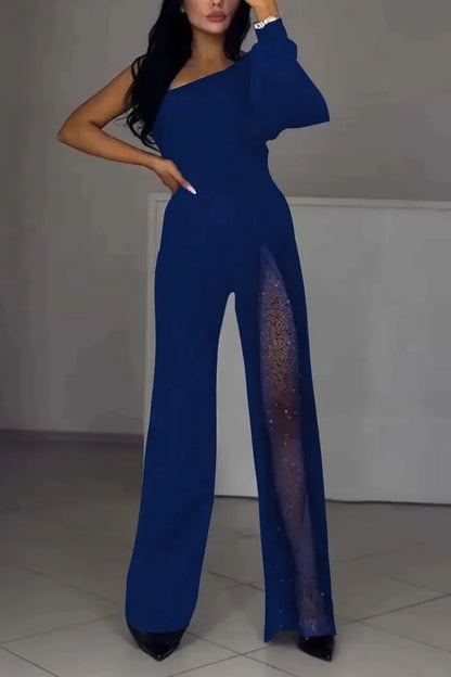 Autumn And Winter Fashion Sexy Slanted Shoulder High Slit Jumpsuit Elegant Women's Solid Color Single Shoulder Sleeve Jumpsuit