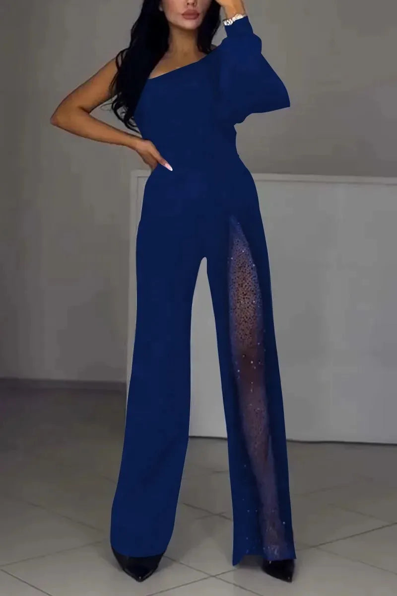 Autumn And Winter Fashion Sexy Slanted Shoulder High Slit Jumpsuit Elegant Women's Solid Color Single Shoulder Sleeve Jumpsuit