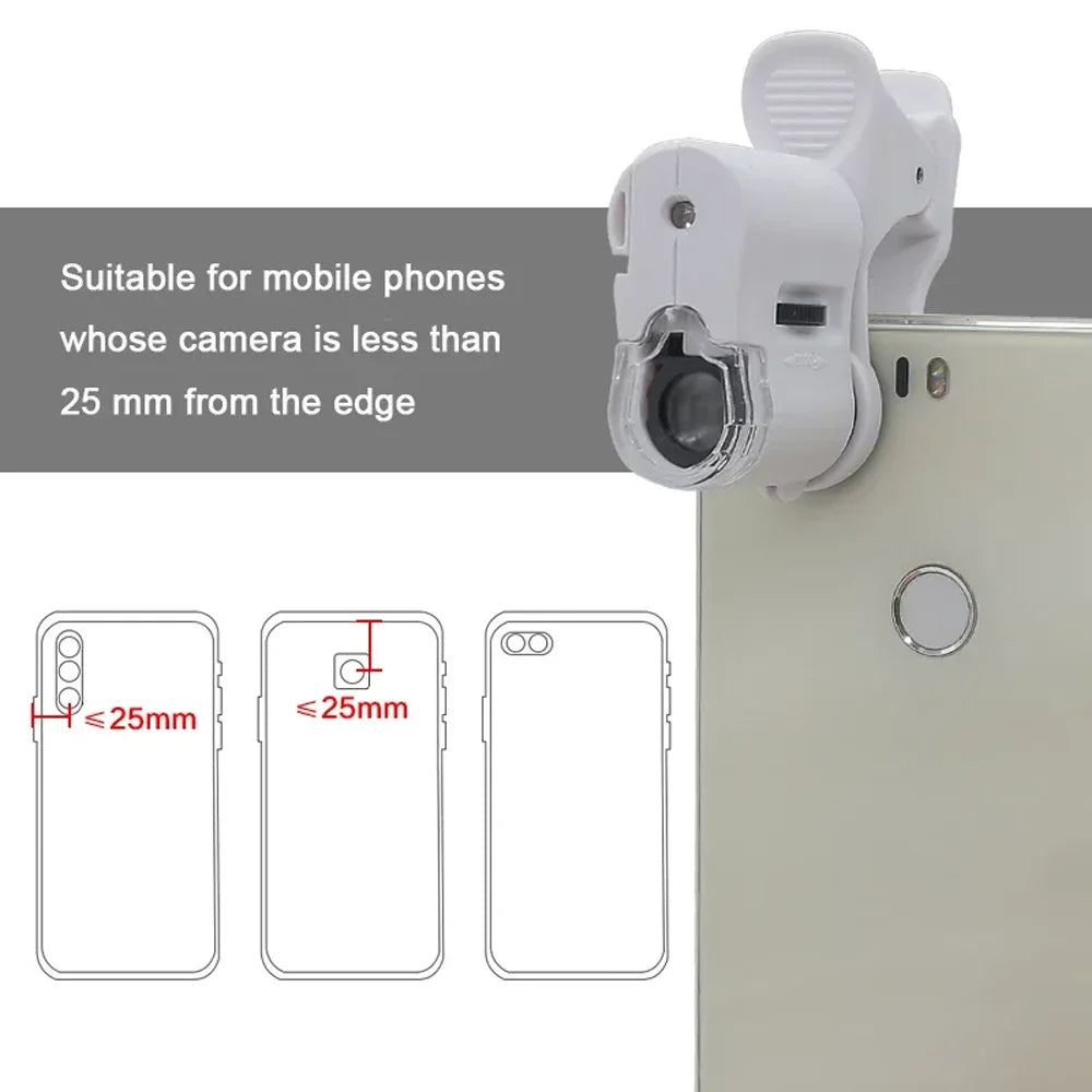 Universal Clip Microscope LED Jewelry Magnifying Glass Focusing Adjusted Pocket Microscope with Cell Phone Clip UV Light 60X