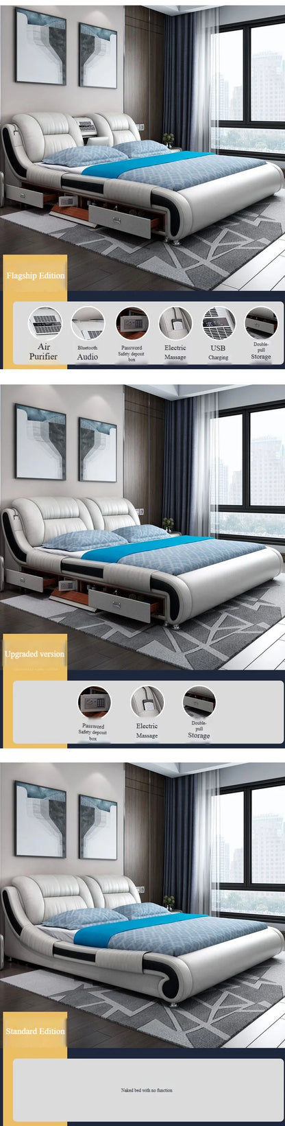 Modern Luxury Bedroom Furniture Smart Electric Massage Up-holstered Beds king Size Double Bed Mattress Plus Frame with...