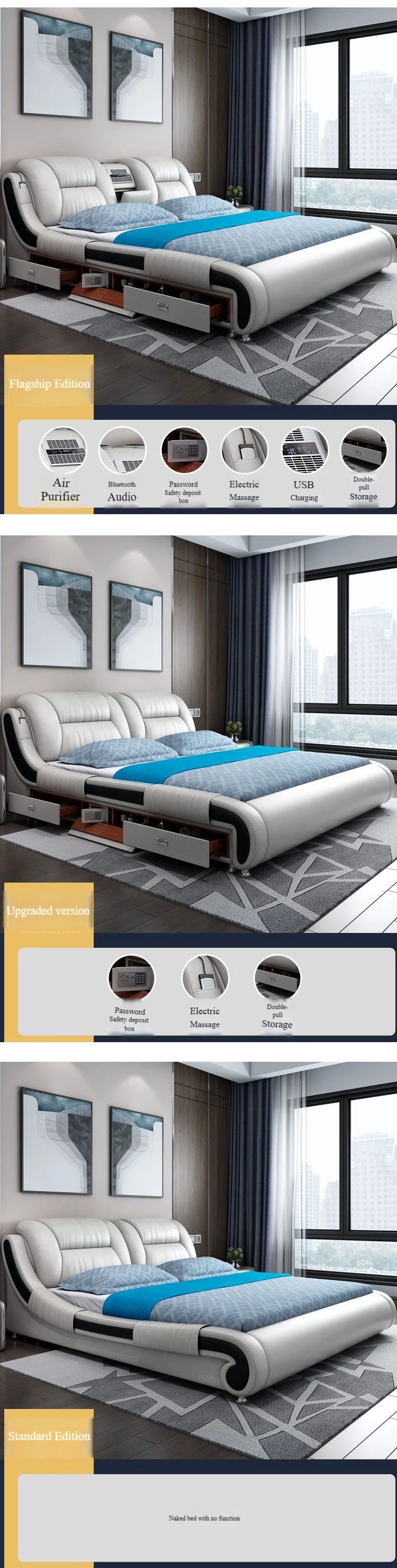 Modern Luxury Bedroom Furniture Smart Electric Massage Up-holstered Beds king Size Double Bed Mattress Plus Frame with...