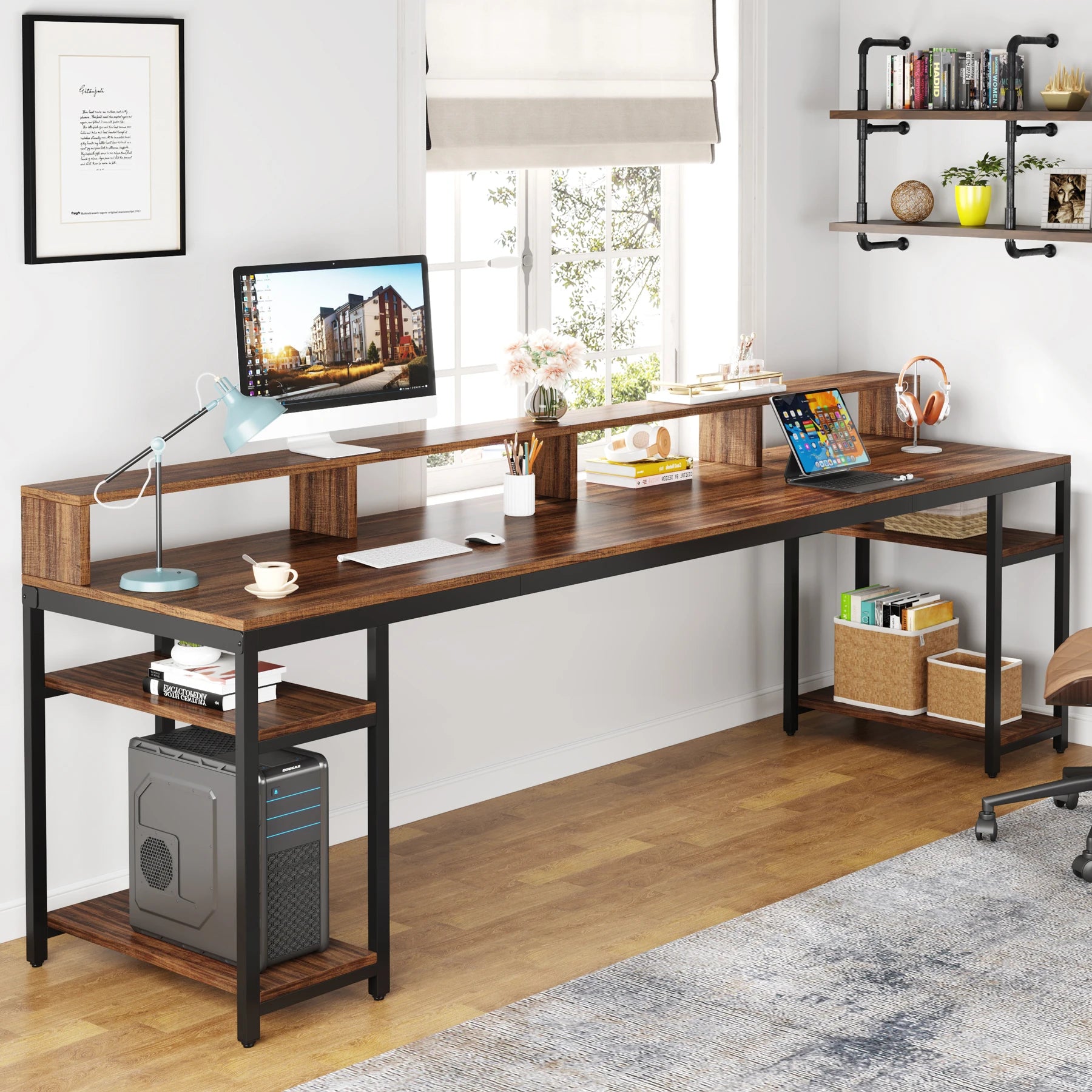 Tribesigns 78.74 Inches Extra Long Two-Person Desk, Double Computer Desk with Monitor Stand and Storage Shelves, Work Table