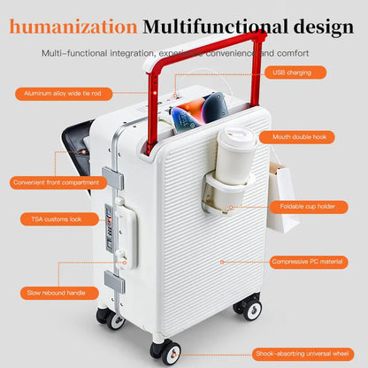 24-inch luggage with an aluminum frame, wide pull rod and front opening, as well as a high-value 20-inch travel suitcase (pull r