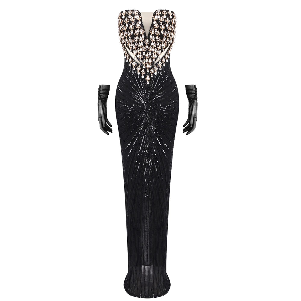 VC Black Strapless Diamonds Pearl Mermaid Long Dress Deep V Plunge Bodycon Elegant Party Evening Gowns Vestidos with Gloves