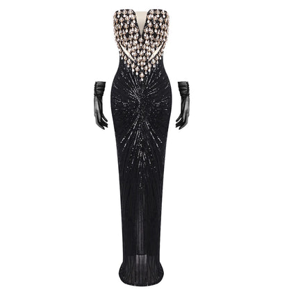 VC Black Strapless Diamonds Pearl Mermaid Long Dress Deep V Plunge Bodycon Elegant Party Evening Gowns Vestidos with Gloves