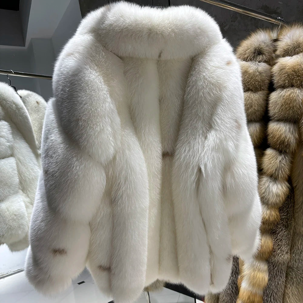 YOLOAgain Women's Luxury White Fox Fur Coat 2024 Winter Warm Real Fox Fur Jacket