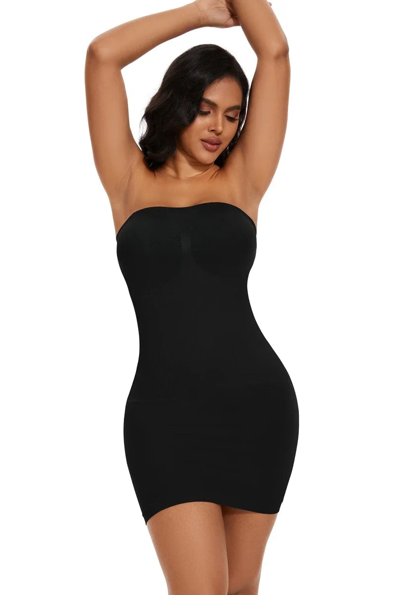Sexy Full Slip Shapewear Women Dress Off Shoulder Bodycon Strapless Underdress Smooth Compression Body Shaper Slimming Waist