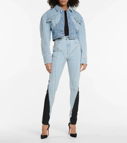 Patchwork Colorblock Women's Jeans High Waist Slim Casual Straight Denim Pencil Pants Female Fashion | Kimlud Mid Range Pants