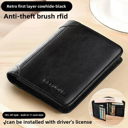 Men Wallet Genuine Leather Rfid Blocking Trifold Wallet Vintage Thin Short Multi Function ID Credit Card Holder Male Purse Money