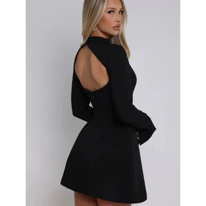 Women High Waist A-line Party Birthday Club Dresses Spring Autumn Black White Dress Luxury Long Sleeves Backless Sexy Mini Dress - Kimlud