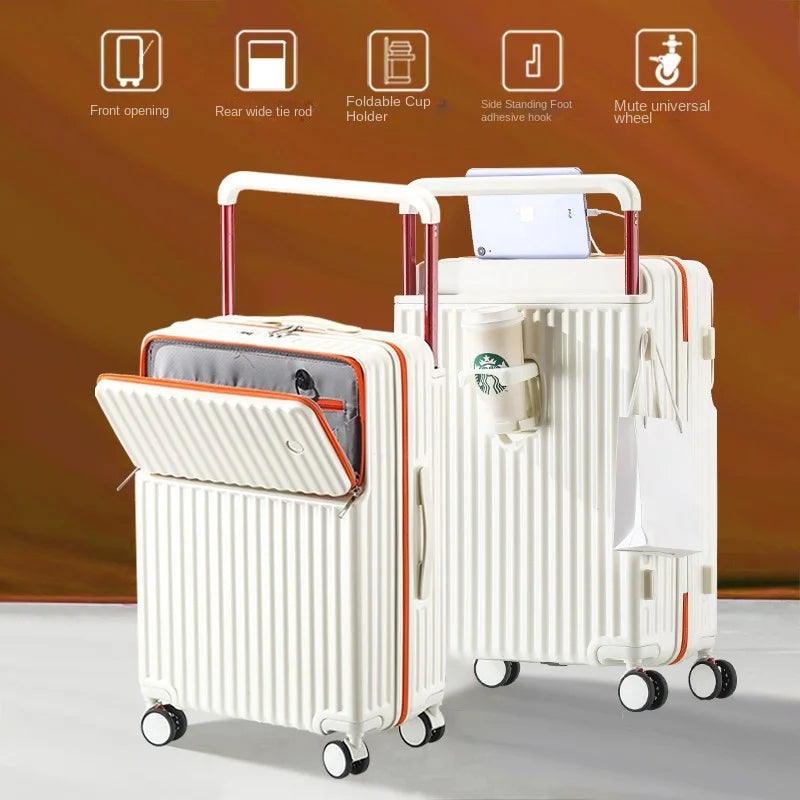 Aluminum Framed Front Open Suitcase Carry-on Bag Wide Handle Luggage Multifunctional 20/28-inch Impact Resistant Travel Bag