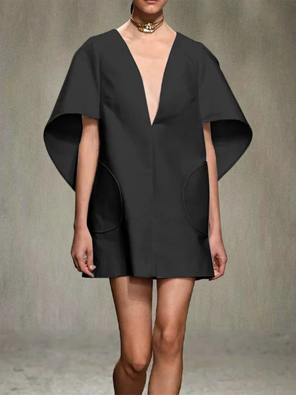 Yeezzi Fashion Black White Color Short Dress For Women 2024 New Spring Deep V-neck Half Sleeves Loose Prom Party Mini Dresses