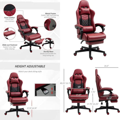 Premium Diamond PU Leather Racing Gaming Chair with Swivel, Footrest, Lumbar Support, Adjustable Height, Red