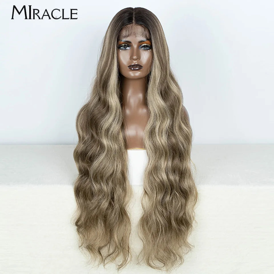 MIRACLE Synthetic 34 Inch Lace Front Wig for Women Ombre Blonde Loose Wave Wigs Famale Cosplay Wig Long Lace Wigs Wavy Fake Hair