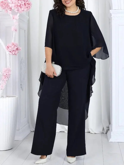 Elegant 2 Pieces Sets Woman's Chiffon Solid Mid-Sleeve Layered ruffled edges Long Top & Straight-leg Trousers Pants Sets Outfits