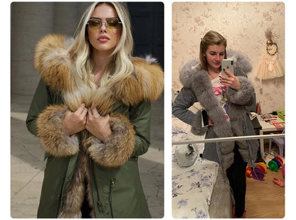 MAOMAOKONG 2024 Winter Women Coat Natural Fox Fur Collar Cuff Black Jackets Outwear Thick Luxury Real Fur Parka Women's Fur Coat