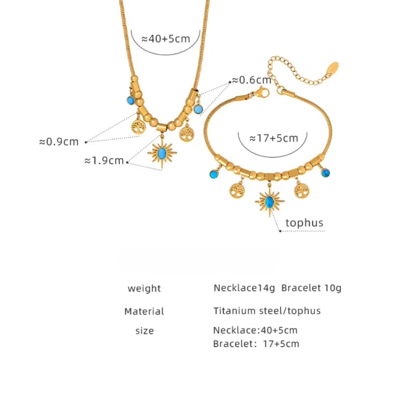 Ethnic Stainless Steel Bracelet Necklace Set for Woman Green Stone Pendant Necklace Luxury Bridal Wedding Jewelry Accessories