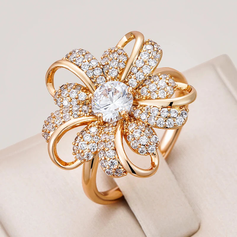 Kinel Hot 585 Rose Gold Color Big Crystal Flower Rings for Women Full Shiny Natural Zircon Accessories Modern Daily Fine Jewelry