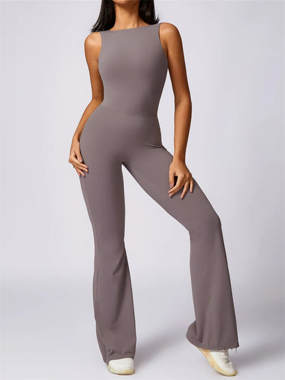 Hollow Out Backless One Piece Yoga Jumpsuit Women Sport Sleeveless Fitness Gym Suit Workout Exercise Skinny Flare Bodysuits