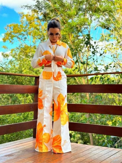 2023 Women's Casual Daily Shirt Set Floral Fashion Printed Shirt Spring Autumn Wide Leg Pants Women's Office Two-piece Set