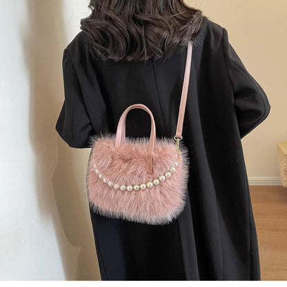 Fairy Handbag Pearl Chain Plush Small Square Bag For Women Fashion Elegant Shoulder Crossbody Bag Autumn Winter Versatile Totes