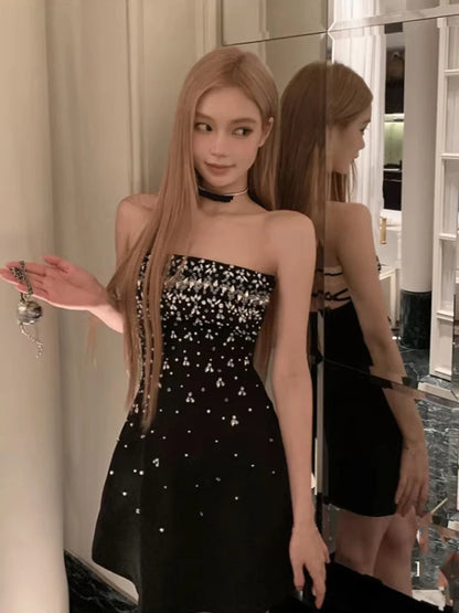 Spring Women Sleeveless Slash Neck Mini Dress New Luxury Diamonds Chest Wrapping Dresses Summer High Waist Backless A-line Dress