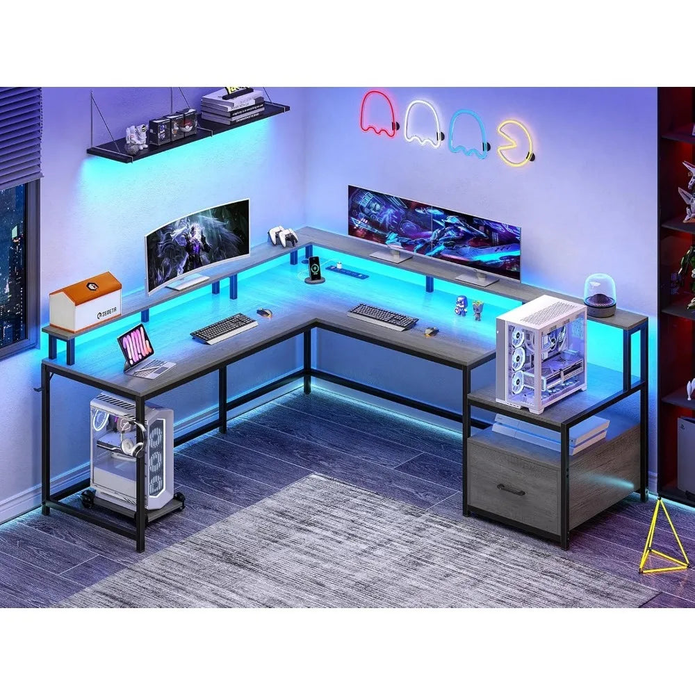Office Desk with Wood File Drawer & Power Outlet,Gaming Desk with Led Lights,Corner Computer Desk with Monitor Shelf,Customized - Kimlud