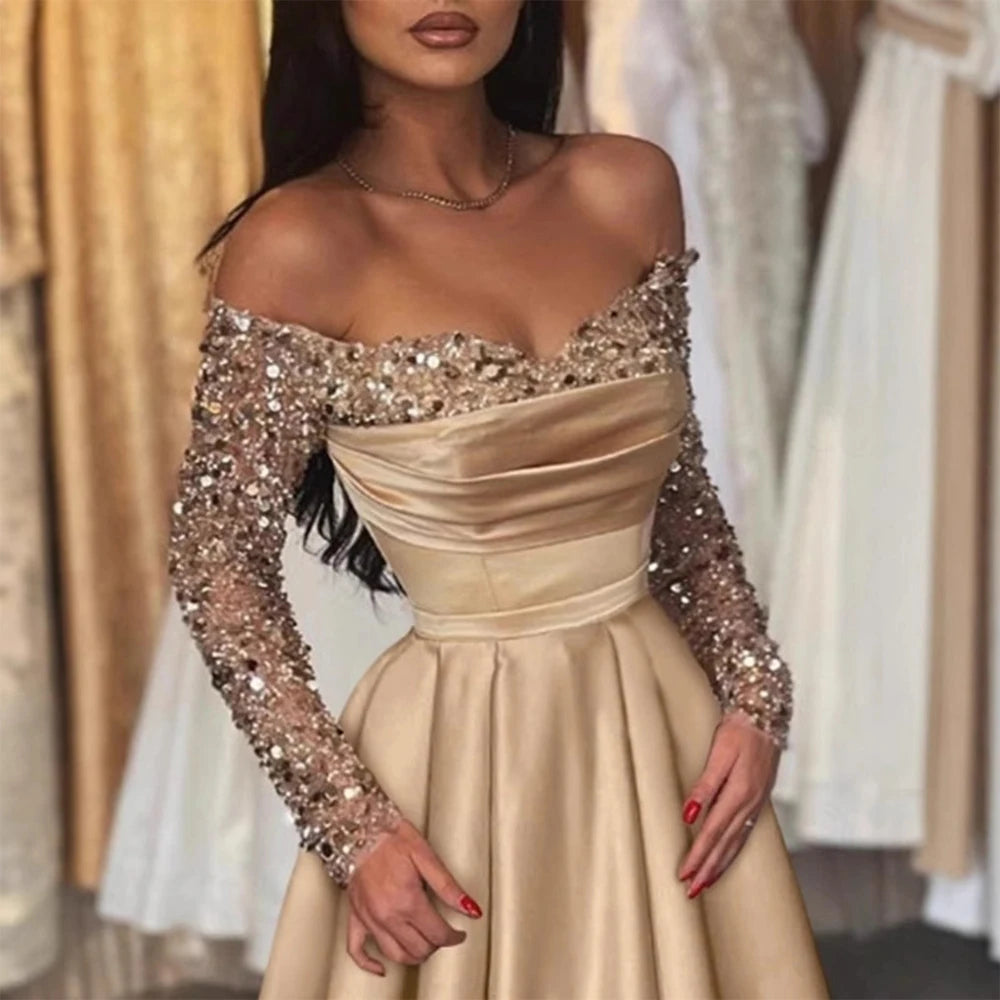 Elegant Luxurious Sequins Women Evening Dress Off Shoulder Slim Long Sleeve Autumn Party Dress Prom Formal Maxi Dresses Vestidos