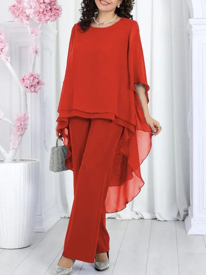 Elegant 2 Pieces Sets Woman's Chiffon Solid Mid-Sleeve Layered ruffled edges Long Top & Straight-leg Trousers Pants Sets Outfits