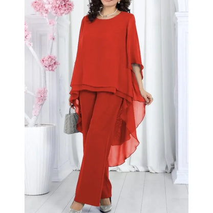 Elegant 2 Pieces Sets Woman's Chiffon Solid Mid-Sleeve Layered ruffled edges Long Top & Straight-leg Trousers Pants Sets Outfits