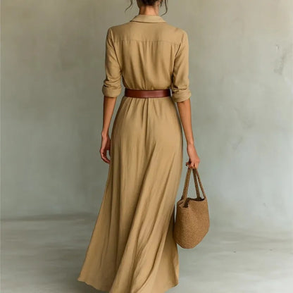 Elegant Solid Color Irregular Pleated Dress Belt Women's Autumn New Item Single Breasted Long Sleeved Shirt Long Frock Vestidos