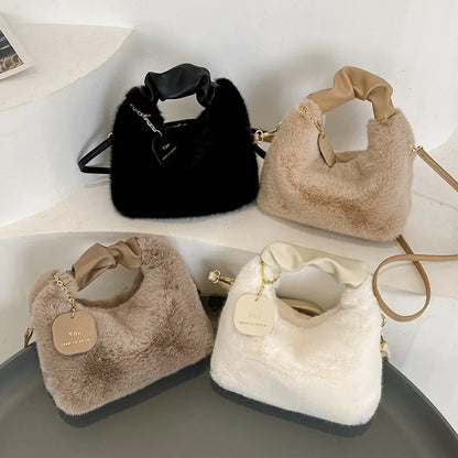 Women Faux Fur Soft Plush Handbags Ruched Handle Small Shoulder Crossbody Bag Casual Fluffy Totes Purse Winter Bags for Women
