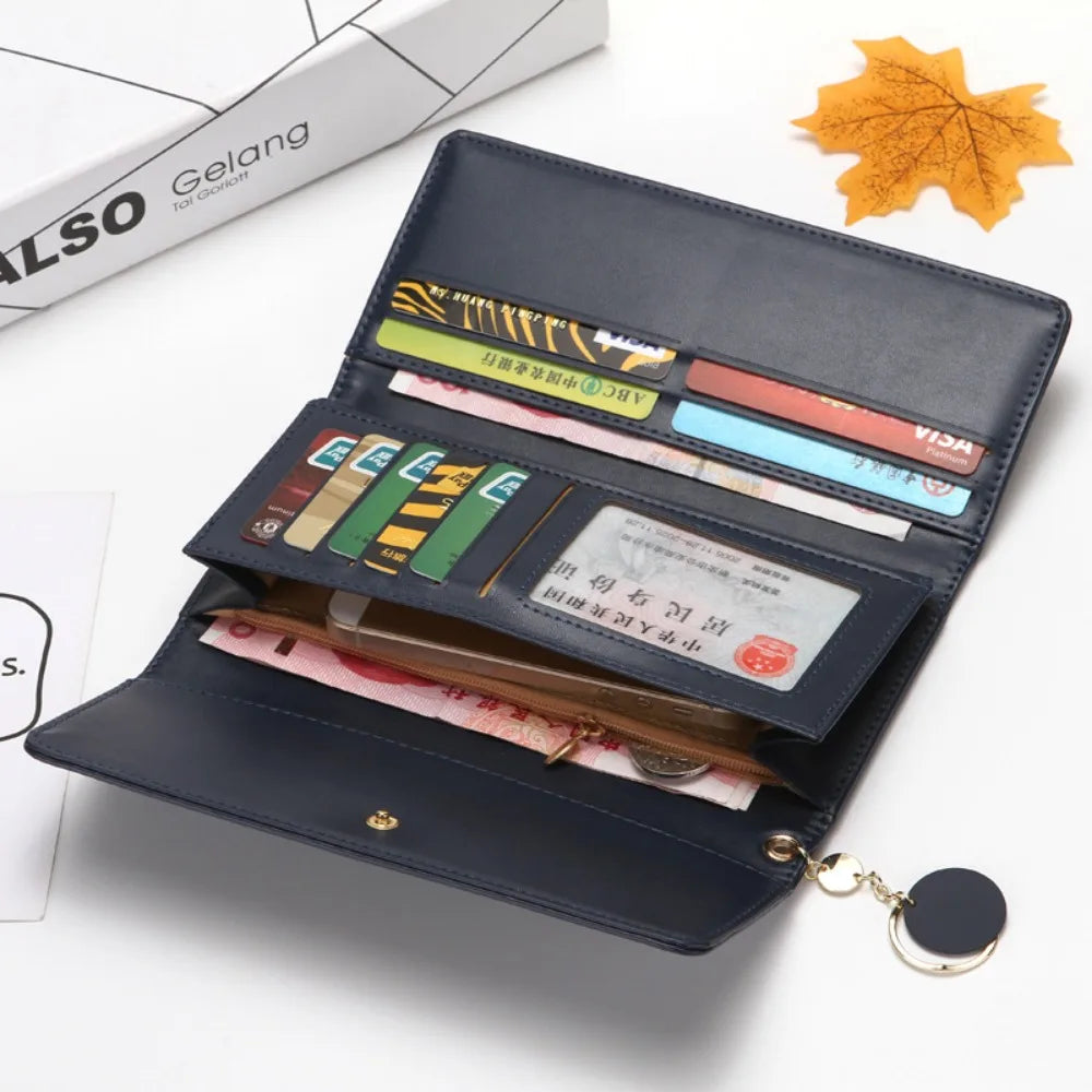 Korean Fashion Triple Folding Multi-functional Large Capacity Women's Long Wallets Clutch Solid Color Texture Simple and Elegant