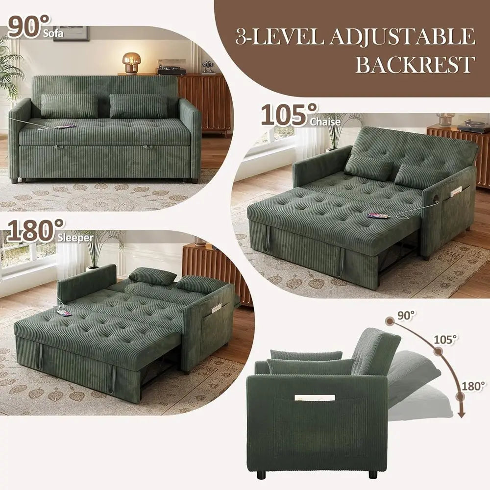 Green Corduroy 3-in-1 Sleeper Sofa with Pull-Out Bed, Storage and USB Ports for Small Living Spaces - Kimlud