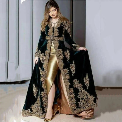 Elegant Black Gold Gown with V-neck Long Sleeve Velvet Applique Slit Floor-Length Evening Gown for Women Customized 2025 New