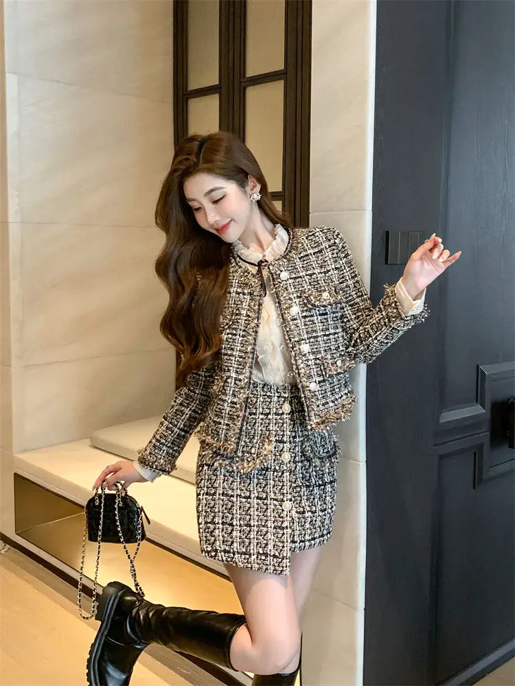 2025 Autumn Winter New Chic Two-Piece Skirt Women's Fashion Loose Burrs Elegant Sweet Tweed Jacket+Skirt Female Two-Piece Suit