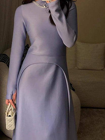 Ladies Elegant O-neck Long Sleeve Party Dress Women Fashion Splicing Hight Waist Evening Dress Casual Draped Solid Long Dresses