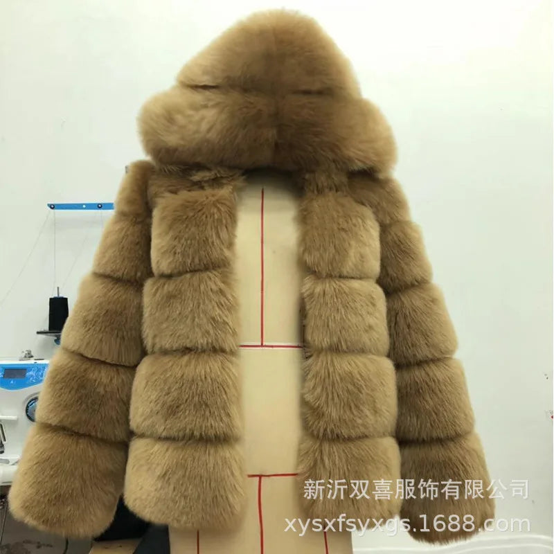Women Hooded Thick Jackets Fur Faux Solid Zipper Coat Long Sleeve Cardigan Spliced Hoodies Warm Streetwear Coats Winter