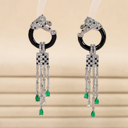 Women New openwork Earrings 925 Silver Needle Leopard Head Tassel inset Zircon