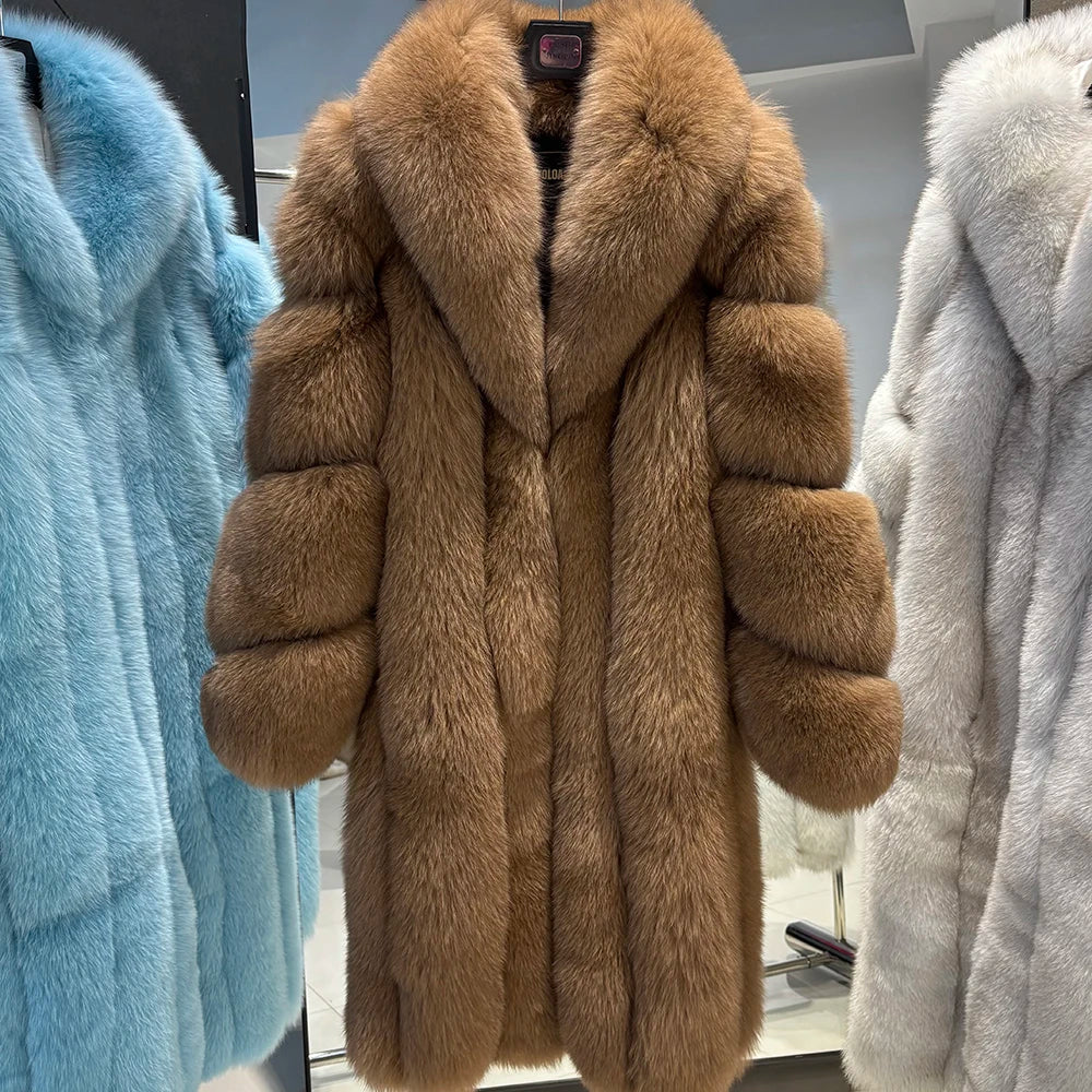 YOLOAgain Luxury Real Fox Fur Jacket Women Long Fur Coat 2025 Winter Warm