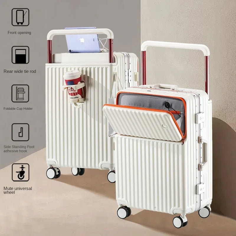 Aluminum Framed Front Open Suitcase Carry-on Bag Wide Handle Luggage Multifunctional 20/28-inch Impact Resistant Travel Bag