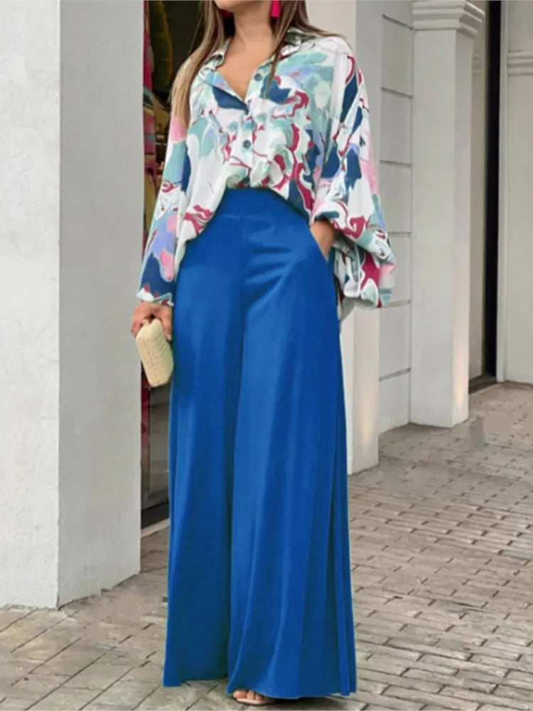 Fashion Print Set Women Casual Long Sleeve Button Shirt+Pockets High Waist Wide Leg Pants Office 2 Piece Sets Lady Spring Summer