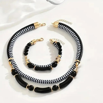 2PCS Set New Fashion Black and White Thick Double Line Metal Tube Exaggerated Hip-Hop Style Necklace Bracelet Set for Daily Wear