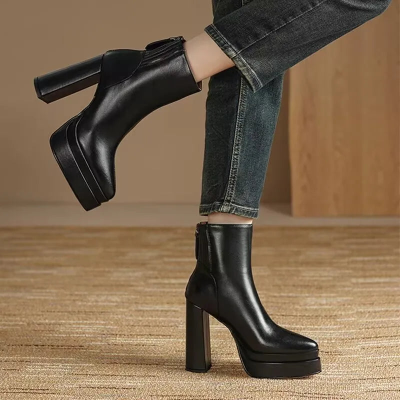 Soft Leather Chunky Heel Skinny Boots 2025 New Autumn Super High Heel Platform Women's Booties