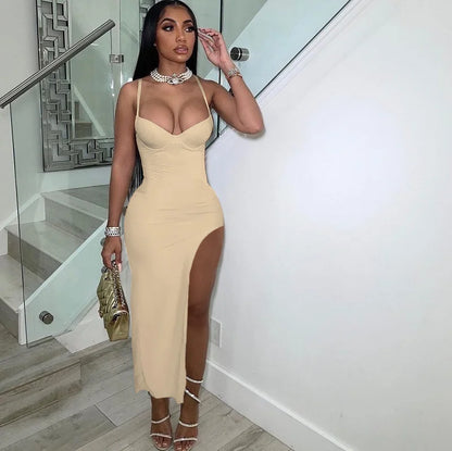 Sexy Spaghetti Strap High Split Party Dress Women Night Sleeveless Backless Slim Bodycon Maxi Dress Elegant Birthday Prom Dress
