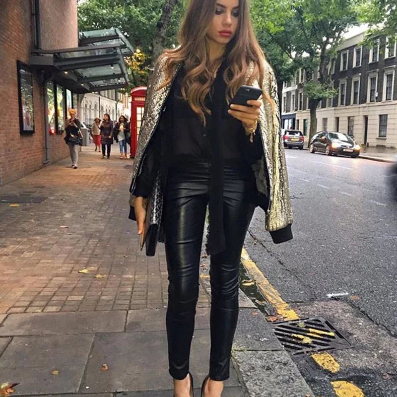 Women Skinny Leggings PU Leather Pencil Pant Ankle Split Side Latex Faux Leather Bodycon Sexy Trousers Soft Female Trouser