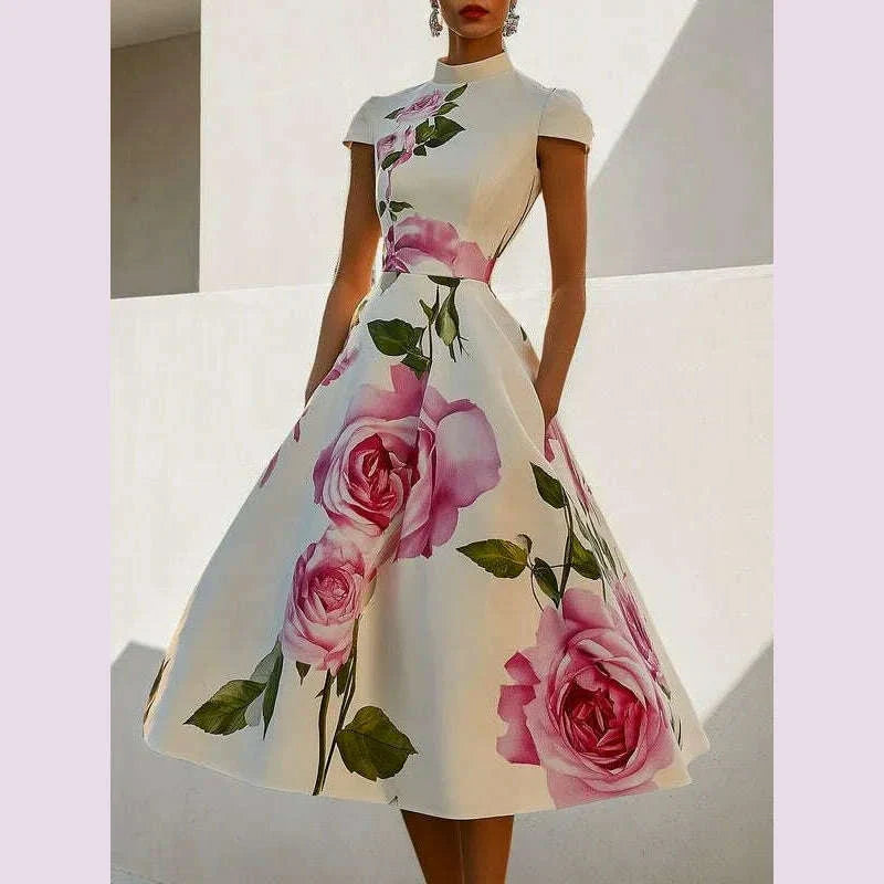Modigirl 2025 New Woman Flower Print Midi Dresses Summer Skinny Stand Collar Elegant Vintage Romantic Evening Dress for Women