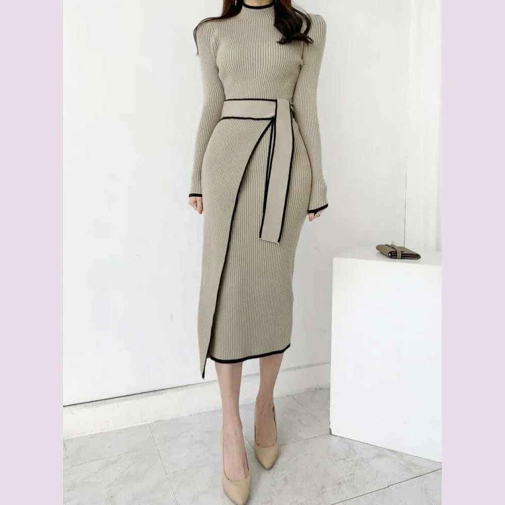 Elegant Stand Collar Contrast Bandage Long Sleeve Women Knitted Dress Autumn Korean Fashion Casual Knit Bodycondresses Vestidos